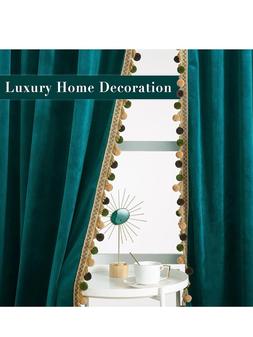 2 Panels Teal Velvet Window 96 “ Curtains with Gold Trim and Pom-Pom Accents - Picture 9 of 9